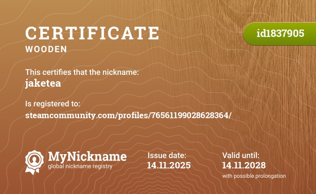 Certificate for nickname jaketea, registered to: steamcommunity.com/profiles/76561199028628364/