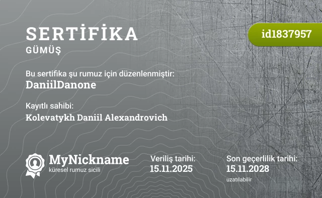 DaniilDanone rumuzu için sertifika, kayıtlı sahibi: Kolevatykh Daniil Alexandrovich