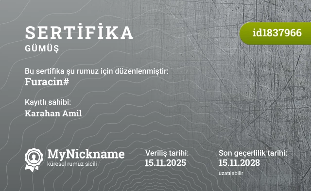 Furacin# rumuzu için sertifika, kayıtlı sahibi: Karahan Amil