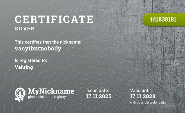 Certificate for nickname vasytbutnobody, registered to: Valorant