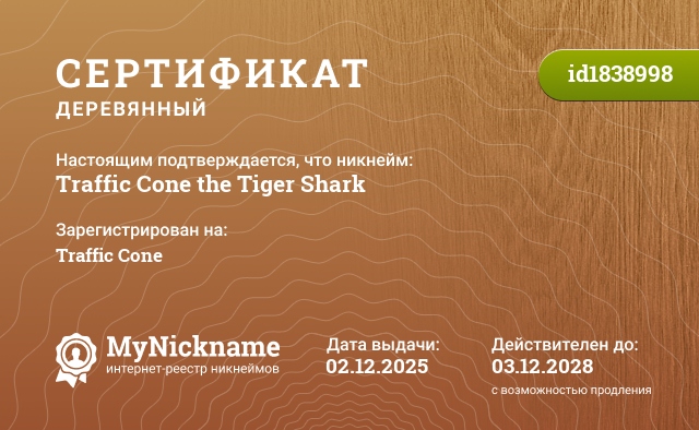 Сертификат на никнейм Traffic Cone the Tiger Shark, зарегистрирован на Traffic Cone