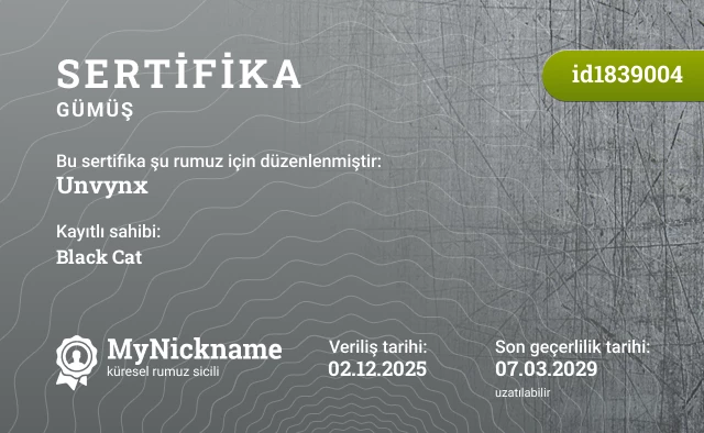 Unvynx rumuzu için sertifika, kayıtlı sahibi: Black Cat
