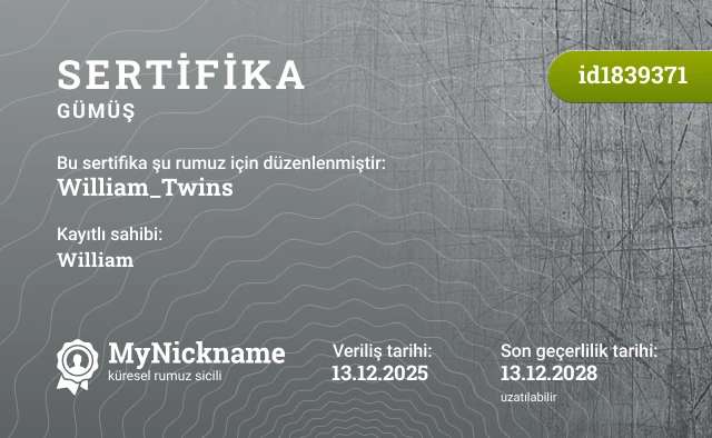 William_Twins rumuzu için sertifika, kayıtlı sahibi: William