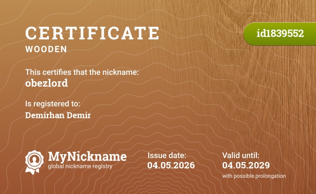 Certificate for nickname obezlord, registered to: Demirhan Demir