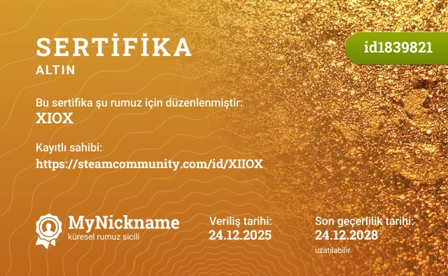 XIOX rumuzu için sertifika, kayıtlı sahibi: https://steamcommunity.com/id/XIIOX