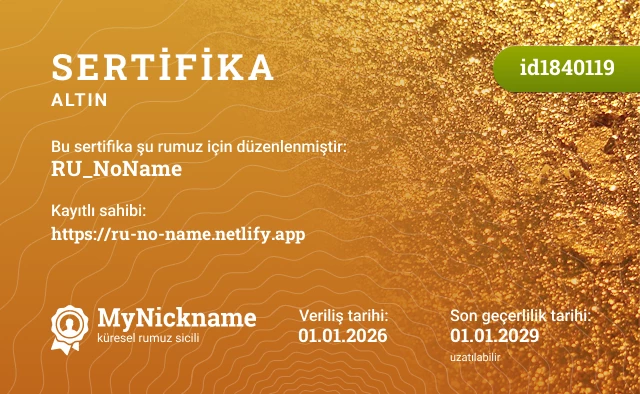 RU_NoName rumuzu için sertifika, kayıtlı sahibi: https://ru-no-name.netlify.app