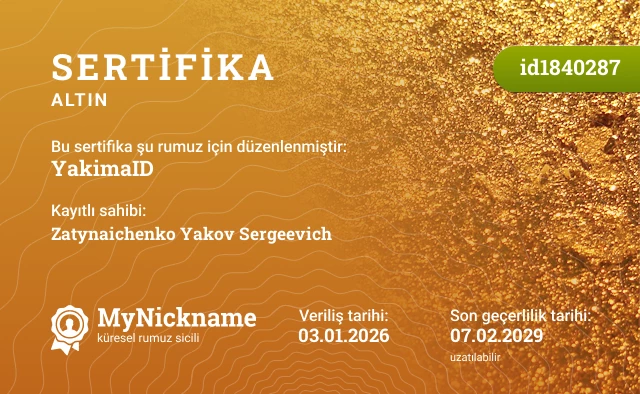 YakimaID rumuzu için sertifika, kayıtlı sahibi: Zatynaichenko Yakov Sergeevich