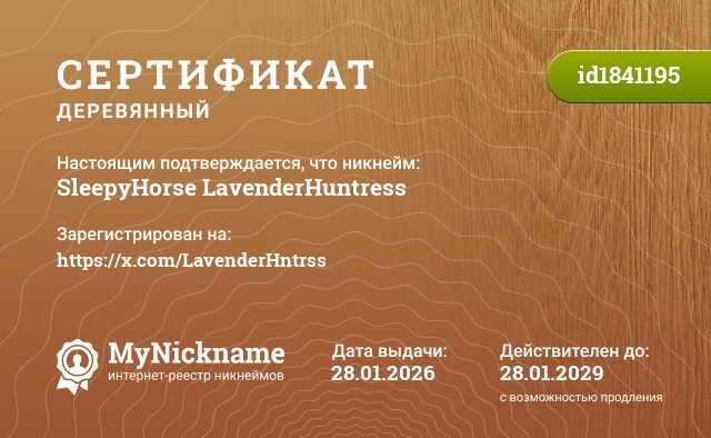 Сертификат на никнейм SleepyHorse LavenderHuntress, зарегистрирован на https://x.com/LavenderHntrss