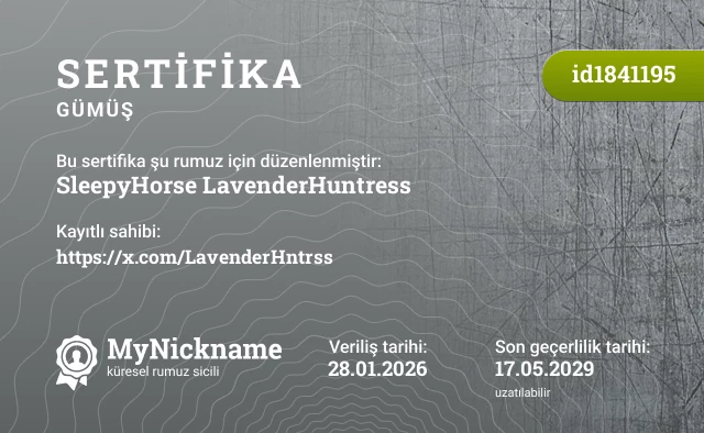 SleepyHorse LavenderHuntress rumuzu için sertifika, kayıtlı sahibi: https://x.com/LavenderHntrss