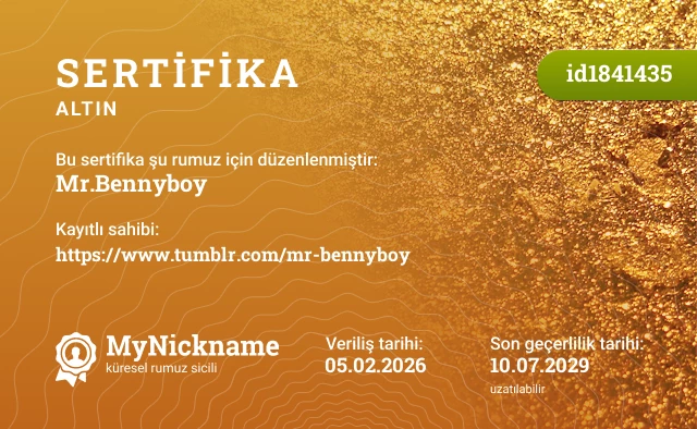 Mr.Bennyboy rumuzu için sertifika, kayıtlı sahibi: https://www.tumblr.com/mr-bennyboy