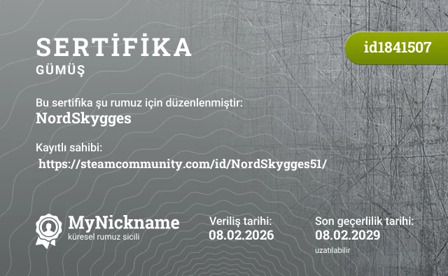 NordSkygges rumuzu için sertifika, kayıtlı sahibi:  https://steamcommunity.com/id/NordSkygges51/