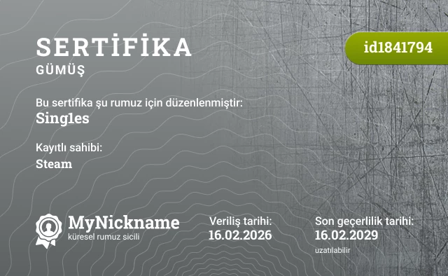 Sing1es rumuzu için sertifika, kayıtlı sahibi: Steam