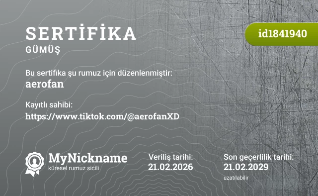 aerofan rumuzu için sertifika, kayıtlı sahibi: https://www.tiktok.com/@aerofanXD