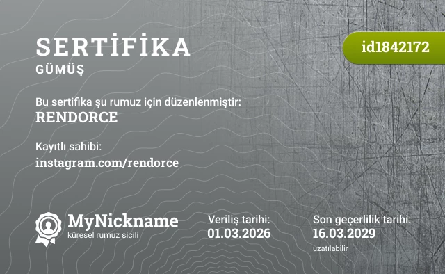 RENDORCE rumuzu için sertifika, kayıtlı sahibi: instagram.com/rendorce