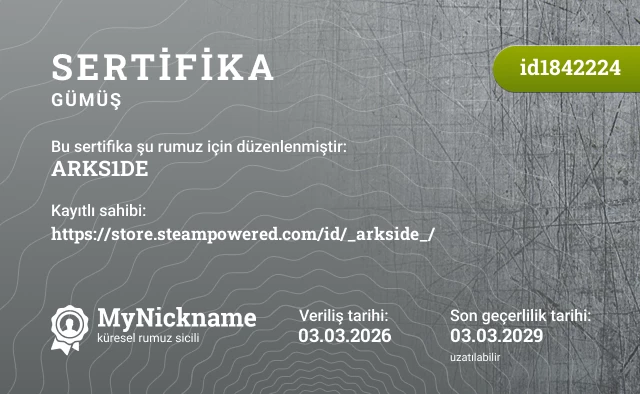 ARKS1DE rumuzu için sertifika, kayıtlı sahibi: https://store.steampowered.com/id/_arkside_/