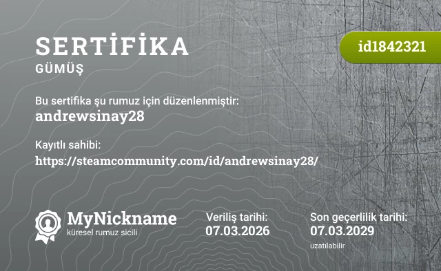 andrewsinay28 rumuzu için sertifika, kayıtlı sahibi: https://steamcommunity.com/id/andrewsinay28/