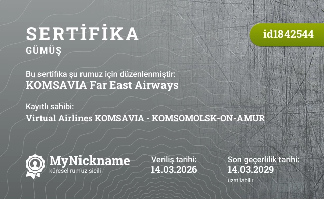 KOMSAVIA Far East Airways rumuzu için sertifika, kayıtlı sahibi: Virtual Airlines KOMSAVIA - KOMSOMOLSK-ON-AMUR