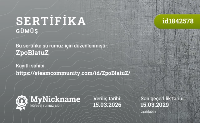 ZpoBlatuZ rumuzu için sertifika, kayıtlı sahibi: https://steamcommunity.com/id/ZpoBlatuZ/