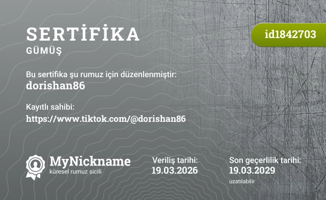 dorishan86 rumuzu için sertifika, kayıtlı sahibi: https://www.tiktok.com/@dorishan86