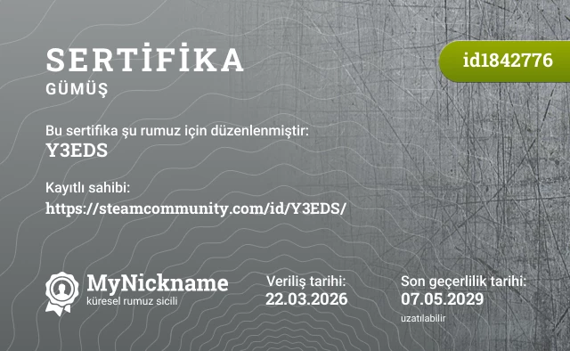Y3EDS rumuzu için sertifika, kayıtlı sahibi: https://steamcommunity.com/id/Y3EDS/