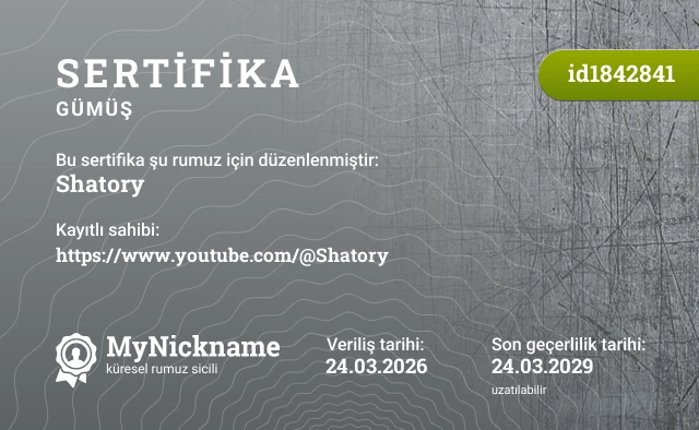 Shatory rumuzu için sertifika, kayıtlı sahibi: https://www.youtube.com/@Shatory