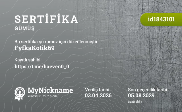 FyfkaKotik69 rumuzu için sertifika, kayıtlı sahibi: https://t.me/haeven0_0