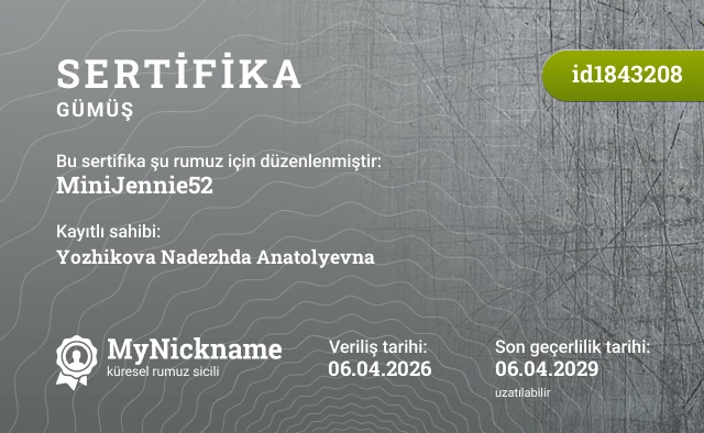 MiniJennie52 rumuzu için sertifika, kayıtlı sahibi: Yozhikova Nadezhda Anatolyevna