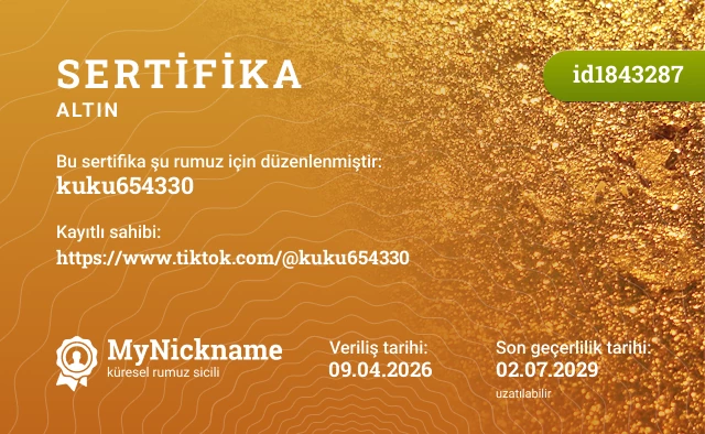 kuku654330 rumuzu için sertifika, kayıtlı sahibi: https://www.tiktok.com/@kuku654330