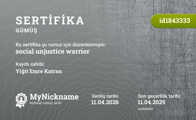 social unjustice warrior rumuzu için sertifika, kayıtlı sahibi: Yiğit Emre Katran