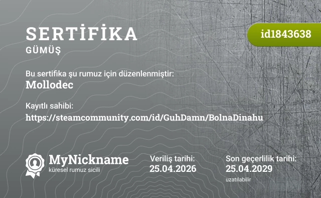Mollodec rumuzu için sertifika, kayıtlı sahibi: https://steamcommunity.com/id/GuhDamn/BolnaDinahu