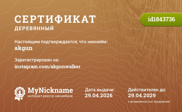 Сертификат на никнейм akgun, зарегистрирован на instagram.com/akgunwalker