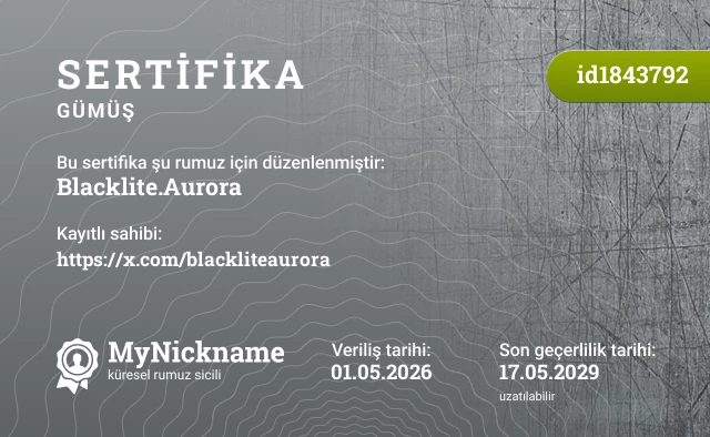 Blacklite.Aurora rumuzu için sertifika, kayıtlı sahibi: https://x.com/blackliteaurora