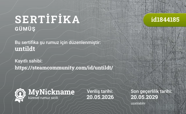 untildt rumuzu için sertifika, kayıtlı sahibi: https://steamcommunity.com/id/untildt/