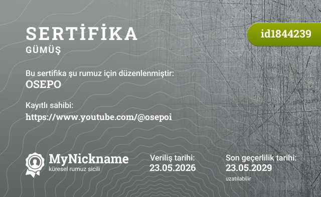 OSEPO rumuzu için sertifika, kayıtlı sahibi: https://www.youtube.com/@osepoi