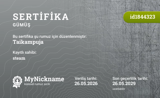 Taikampuja rumuzu için sertifika, kayıtlı sahibi: steam 