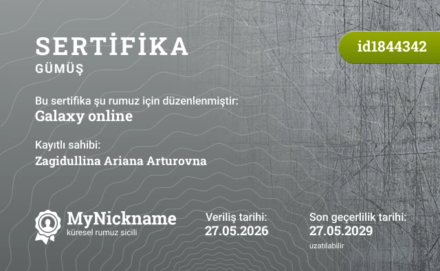 Galaxy online rumuzu için sertifika, kayıtlı sahibi: Zagidullina Ariana Arturovna