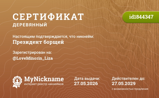Сертификат на никнейм Президент борщей, зарегистрирован на @LoveMinorin_Liza