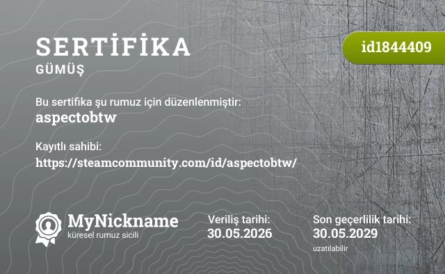 aspectobtw rumuzu için sertifika, kayıtlı sahibi: https://steamcommunity.com/id/aspectobtw/