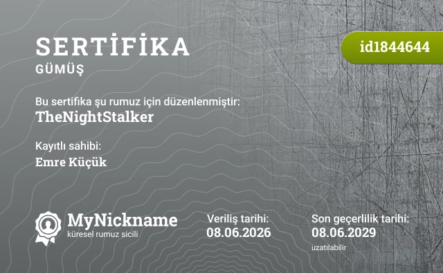 TheNightStalker rumuzu için sertifika, kayıtlı sahibi: Emre Küçük