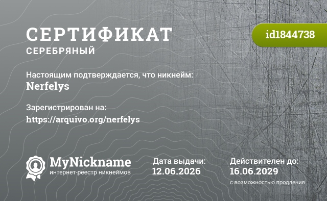 Сертификат на никнейм Nerfelys, зарегистрирован на https://arquivo.org/nerfelys
