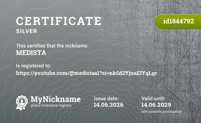 Certificate for nickname MEDISTA, registered to: https://youtube.com/@medistaa1?si=nkSd2YjnaElYqLgr