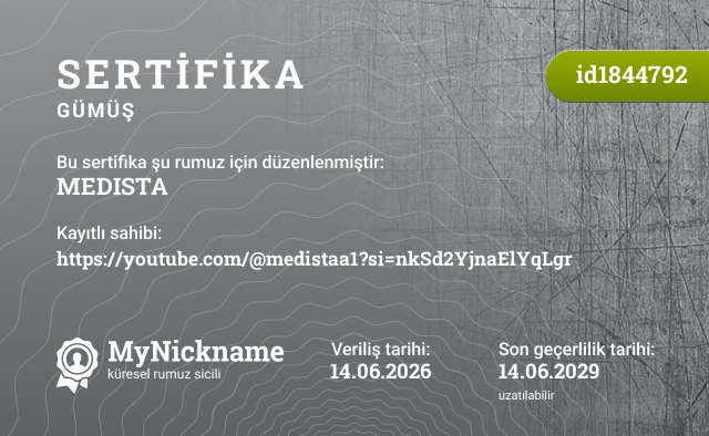 MEDISTA rumuzu için sertifika, kayıtlı sahibi: https://youtube.com/@medistaa1?si=nkSd2YjnaElYqLgr