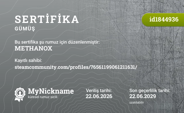 METHANOX rumuzu için sertifika, kayıtlı sahibi: steamcommunity.com/profiles/76561199061211631/