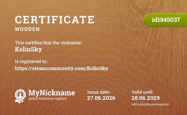 Certificate for nickname KolinSky, registered to: https://steamcommunity.com/KolinSky