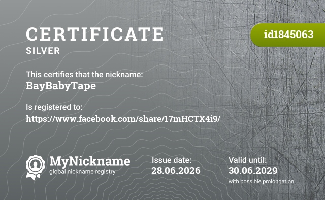 Certificate for nickname BayBabyTape, registered to: https://www.facebook.com/share/17mHCTX4i9/