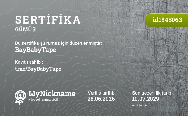 BayBabyTape rumuzu için sertifika, kayıtlı sahibi: t.me/BayBabyTape