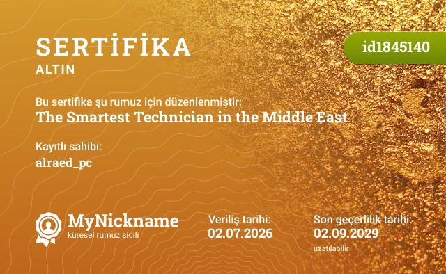 The Smartest Technician in the Middle East rumuzu için sertifika, kayıtlı sahibi: alraed_pc