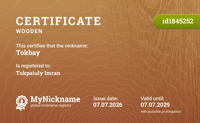 Certificate for nickname Tokbay, registered to: Tokpaiuly Imran