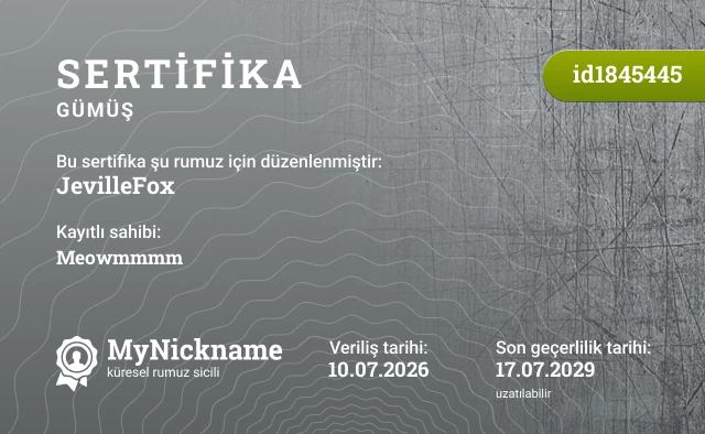 JevilleFox rumuzu için sertifika, kayıtlı sahibi: Meowmmmm