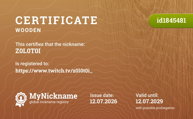 Certificate for nickname Z0L0T0I, registered to: https://www.twitch.tv/z0l0t0i_